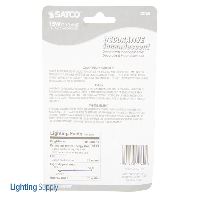 SATCO/NUVO 15F10 15W F10 Incandescent Clear 1500 Hours 110Lm Candelabra Base 120V 2 Per Card 2700K (S2760)