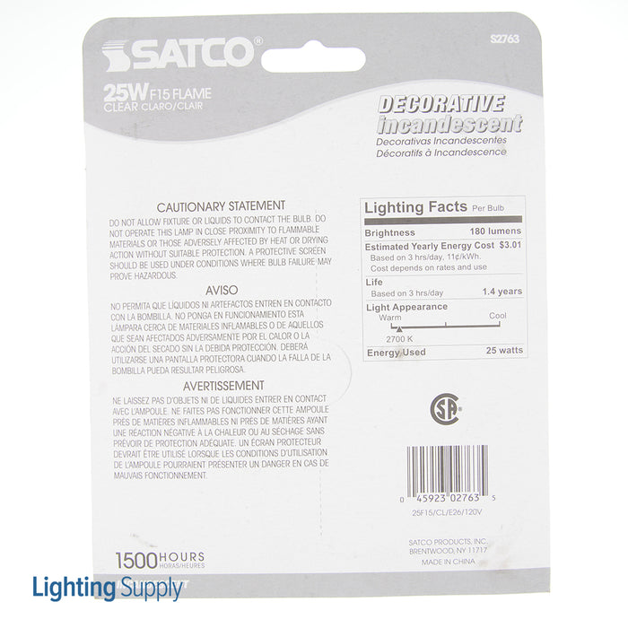 SATCO/NUVO 25F15 25W F15 Incandescent Clear 1500 Hours 180Lm Medium Base 120V 2 Per Card 2700K (S2763)