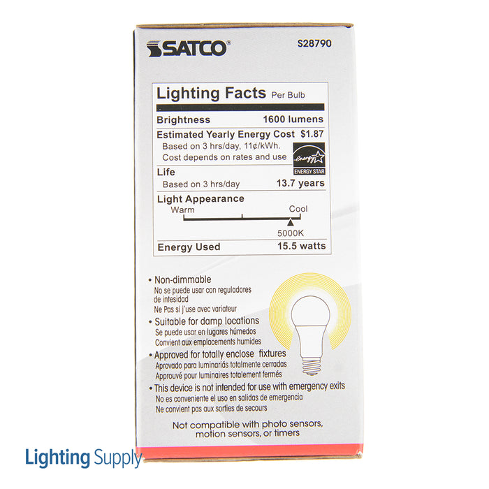 SATCO/NUVO 15.5A19/LED/50K/ND/120V/4PK 15.5W A19 LED 5000K Medium Base 220 Degree Beam Spread120V 4-Pack (S28790)