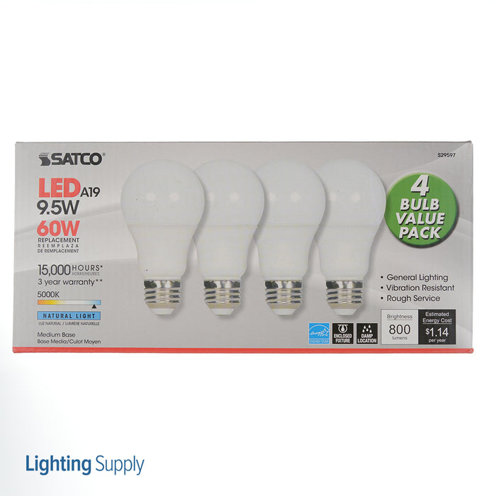 SATCO/NUVO 9.5A19/LED/50K/ND/120V/4PK 9.5W A19 LED Frosted 5000K Medium Base 220 Degree Beam Spread 120V Non-Dimmable 4-Pack (S29597)