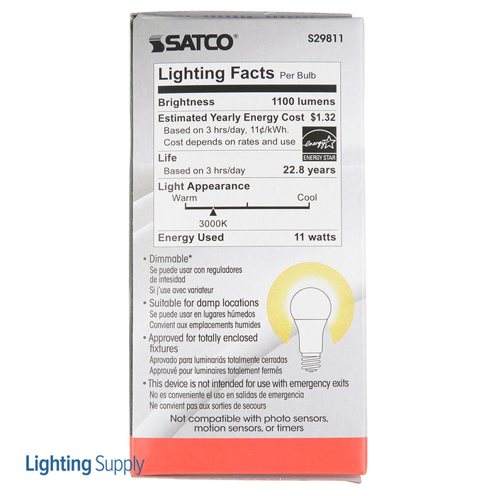SATCO/NUVO 11A19/LED/3000K/1100L/120V/D 11W A19 LED 3000K Medium Base 220 Degree Beam Spread 120V (S29811)