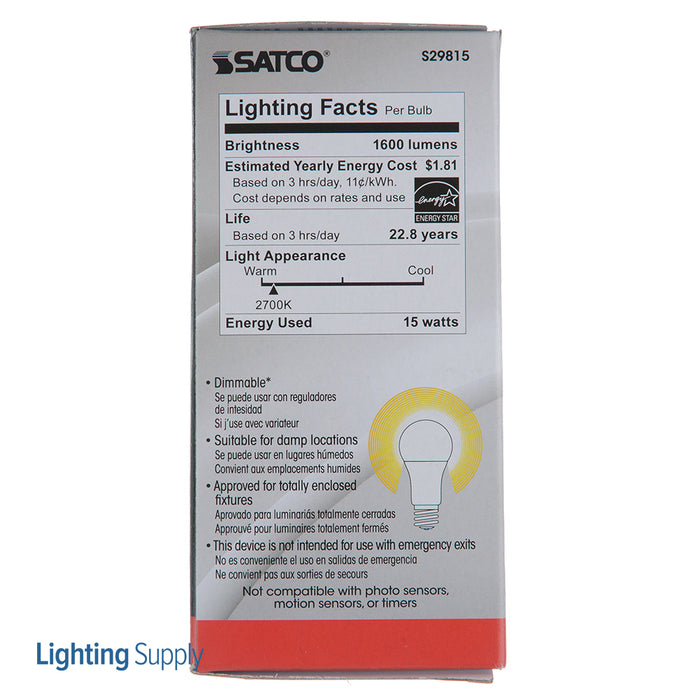 SATCO/NUVO 15A19/LED/2700K/1600L/120V/D 15W A19 LED Frosted 2700K Medium Base 220 Degree Beam Spread 120V (S29815)