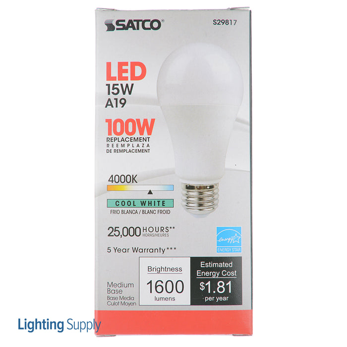 SATCO/NUVO 15A19/LED/4000K/1600L/120V/D 15W A19 LED Frosted 4000K Medium Base 220 Degree Beam Spread 120V (S29817)