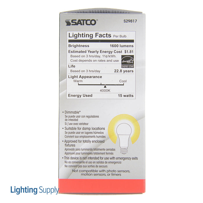 SATCO/NUVO 15A19/LED/4000K/1600L/120V/D 15W A19 LED Frosted 4000K Medium Base 220 Degree Beam Spread 120V (S29817)