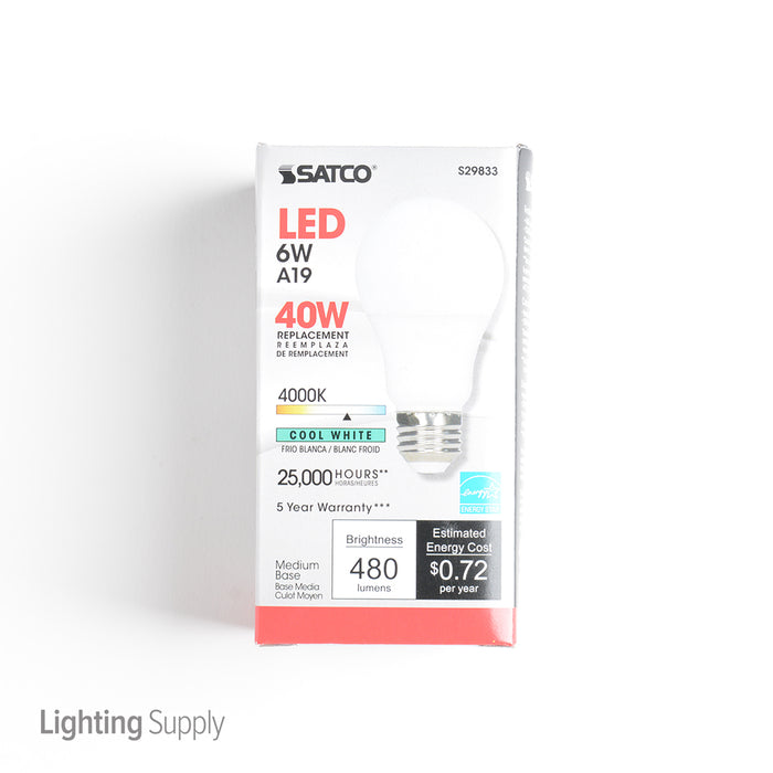 SATCO/NUVO 6A19/OMNI/220/LED/40K 6W A19 LED 4000K Medium Base 220 Degree Beam Spread 120V (S29833)