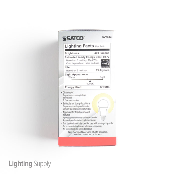 SATCO/NUVO 6A19/OMNI/220/LED/40K 6W A19 LED 4000K Medium Base 220 Degree Beam Spread 120V (S29833)