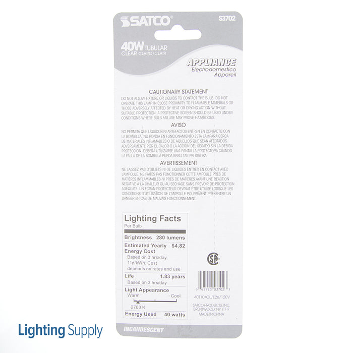 SATCO/NUVO 40T10 40W T10 Incandescent Clear 2000 Hours 280Lm Medium Base 120V 2700K (S3702)