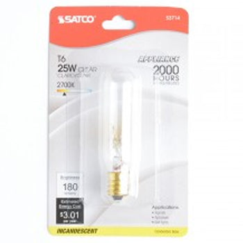 SATCO/NUVO 25T6/CL/E12/120V/CD 25W Incandescent T6 Clear 2000 Hours 180Lm Candelabra Base 120V Carded 2700K (S3714)