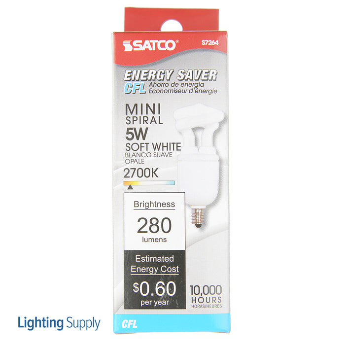 SATCO/NUVO 5T2C/27 5W Miniature Spiral Compact Fluorescent 2700K 82 CRI Candelabra Base 120V (S7264)