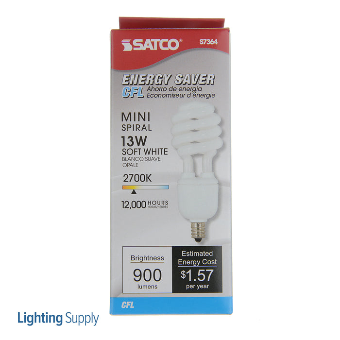 SATCO/NUVO 13T2C/27 13W Miniature Spiral Compact Fluorescent 2700K 82 CRI Candelabra Base 120V (S7364)