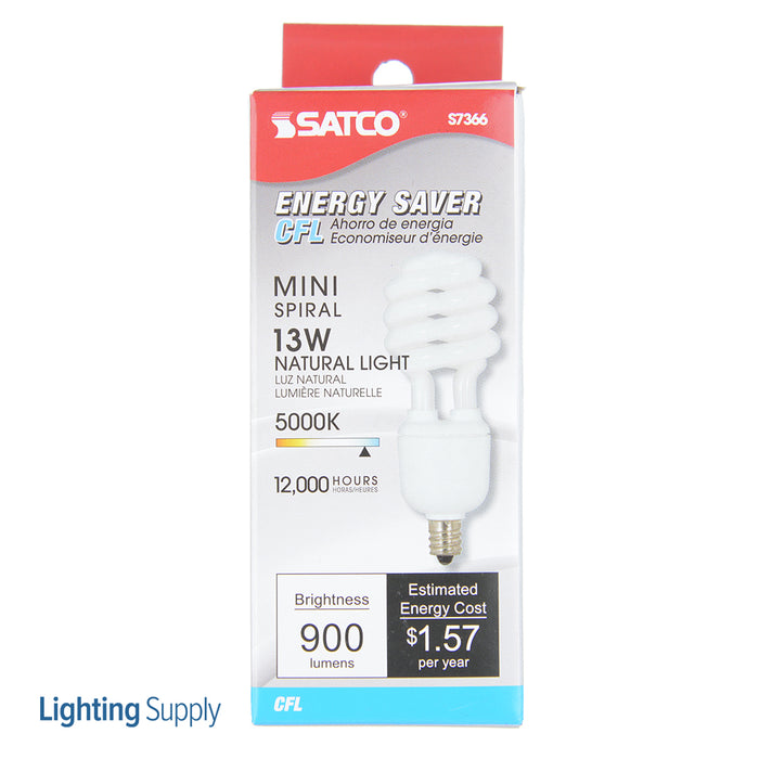 SATCO/NUVO 13T2C/50 13W Miniature Spiral Compact Fluorescent 5000K 82 CRI Candelabra Base 120V (S7366)