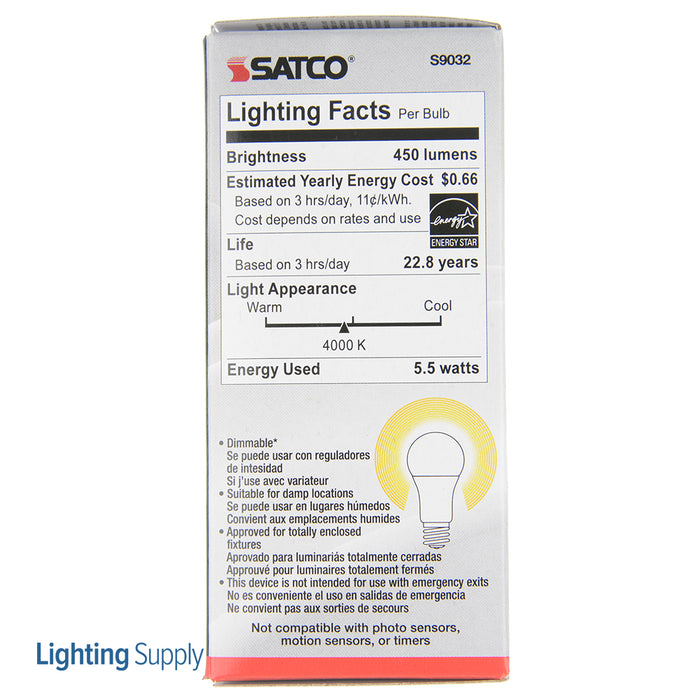 SATCO/NUVO 5.5A15/LED/4000K/120V 5.5W A15 LED Frosted 4000K Medium Base 230 Degree Beam Spread 120V (S9032)