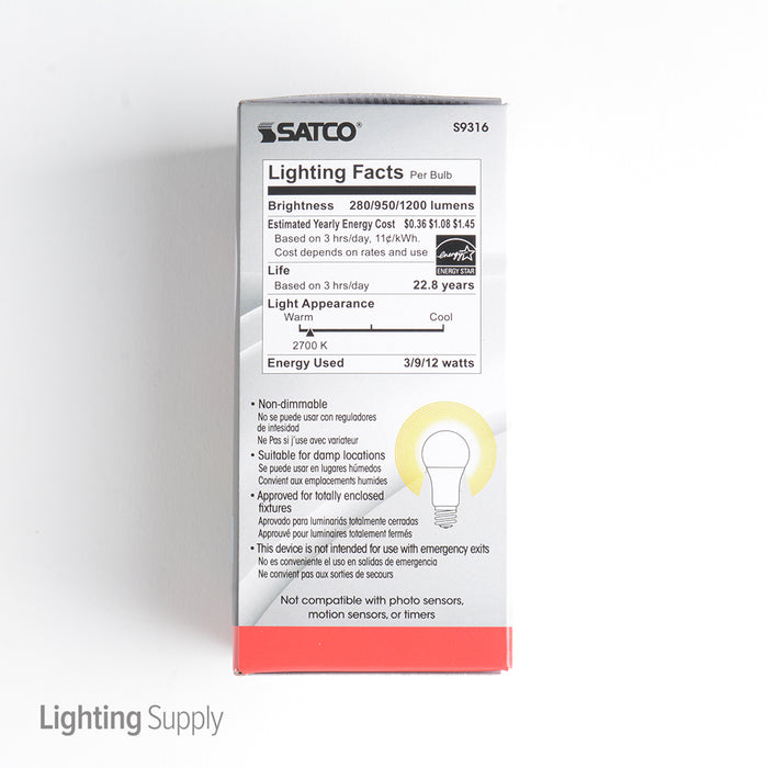 SATCO/NUVO 3/9/12A19/3WAY LED/2700K/120V 3/9/12W A19 LED 3-Way Frosted 2700K Medium Base 220 Degree Beam Spread 120V (S9316)