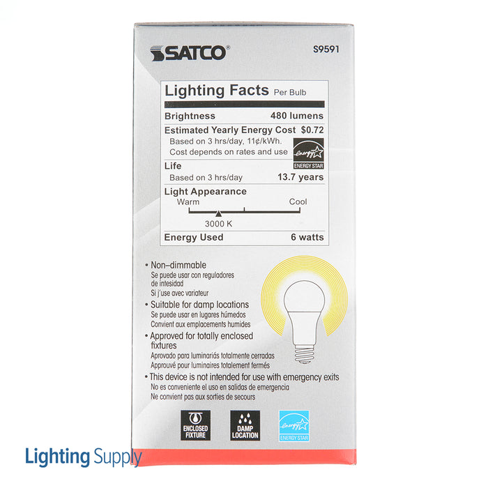 SATCO/NUVO 6A19/LED/3000K/120V 6W A19 LED Frosted 3000K Medium Base 220 Degree Beam Spread 120V Non-Dimmable (S9591)