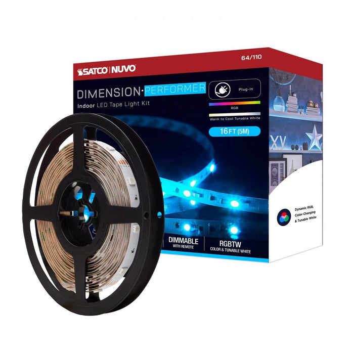 SATCO/NUVO Dimension Performer Tape Light Strip 16 Foot RGB Plus Tunable White Plug Connection IR Remote Included (64-110)