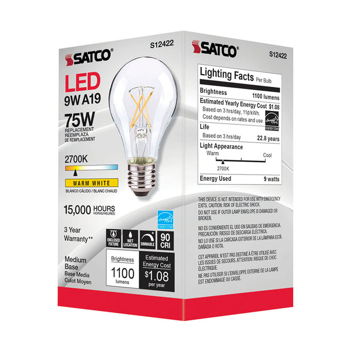 SATCO/NUVO 10.5W LED A19 Clear Medium Base 2700K 90 CRI 120V (S12422)
