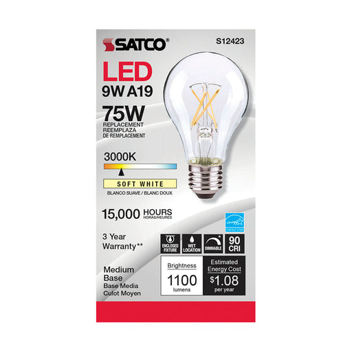 SATCO/NUVO 10.5W LED A19 Clear Medium Base 3000K 90 CRI 120V (S12423)