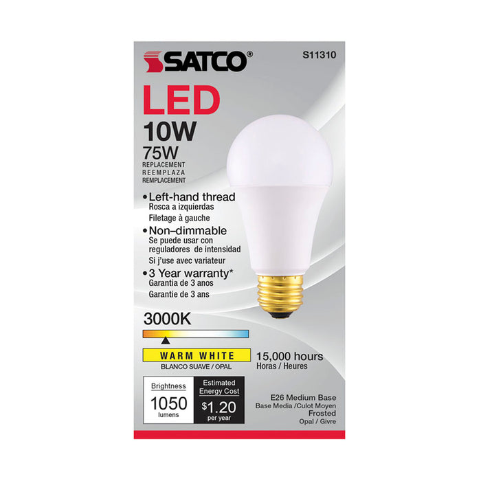 SATCO/NUVO 10W A19 LED 3000K Medium Base 120V Left Hand Thread (S11310)