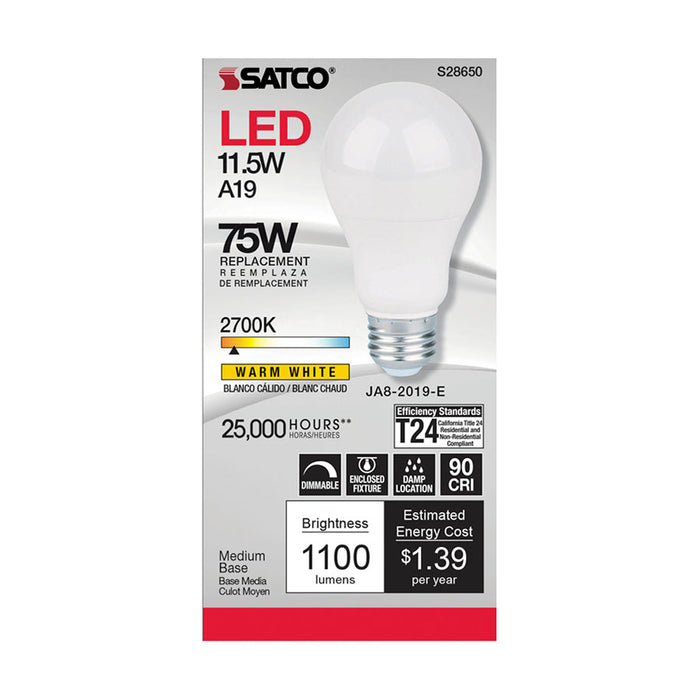 SATCO/NUVO 11.5W A19 LED 90 CRI 2700K Medium Base 220 Degree Beam Angle 120V 1100Lm CEC (S28650)