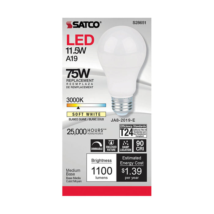 SATCO/NUVO 11.5W A19 LED 90 CRI 3000K Medium Base 220 Degree Beam Angle 120V 1100Lm CEC (S28651)