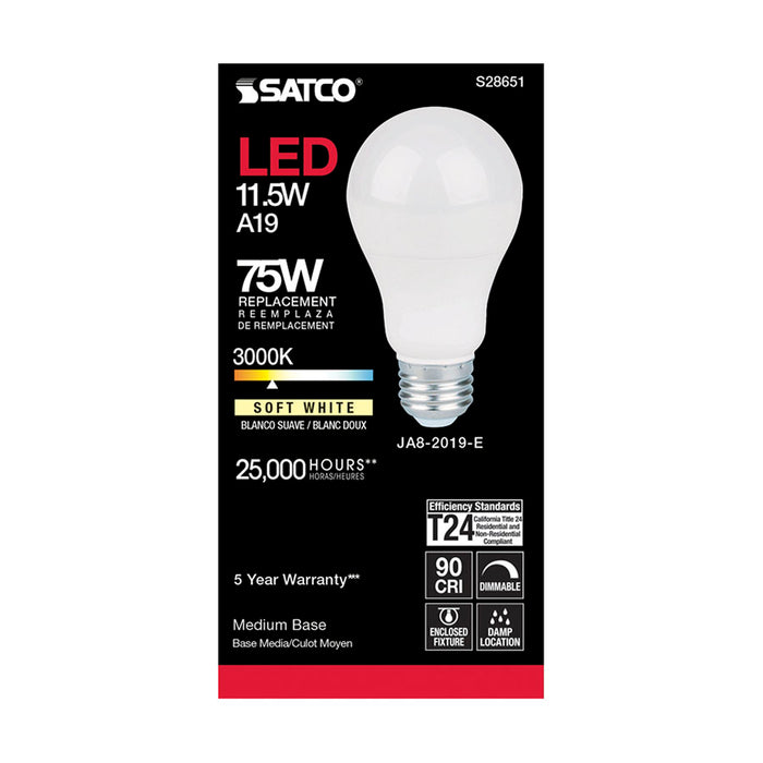 SATCO/NUVO 11.5W A19 LED 90 CRI 3000K Medium Base 220 Degree Beam Angle 120V 1100Lm CEC (S28651)