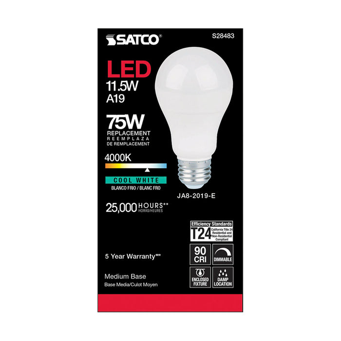 SATCO/NUVO 11.5W A19 LED 90 CRI 4000K Medium Base 220 Degree Beam Angle 120V 1100Lm CEC (S28483)