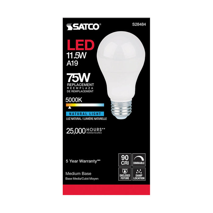 SATCO/NUVO 11.5W A19 LED 90 CRI 5000K Medium Base 220 Degree Beam Angle 120V 1100Lm CEC (S28484)