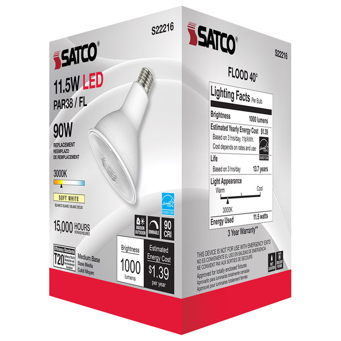 SATCO/NUVO 11.5W PAR38 LED 90 CRI 3000K 40 Degree Beam Angle Medium Base 120V (S22216)