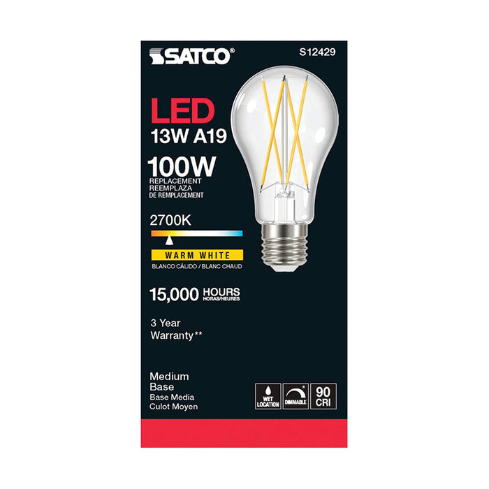 SATCO/NUVO 12.5W LED A19 Clear Medium Base 2700K 90 CRI 120V (S12429)