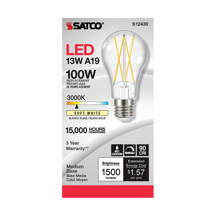 SATCO/NUVO 12.5W LED A19 Clear Medium Base 3000K 90 CRI 120V (S12430)