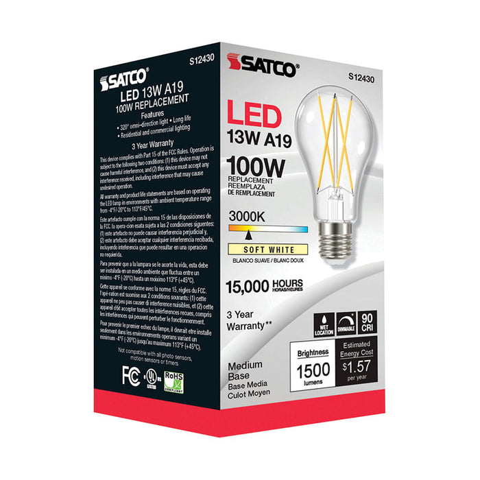 SATCO/NUVO 12.5W LED A19 Clear Medium Base 3000K 90 CRI 120V (S12430)