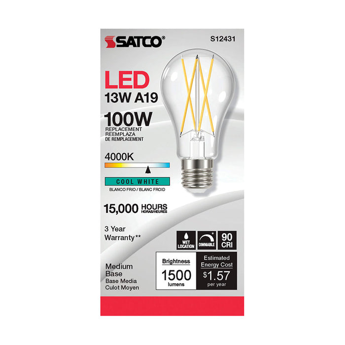 SATCO/NUVO 12.5W LED A19 Clear Medium Base 4000K 90 CRI 120V (S12431)