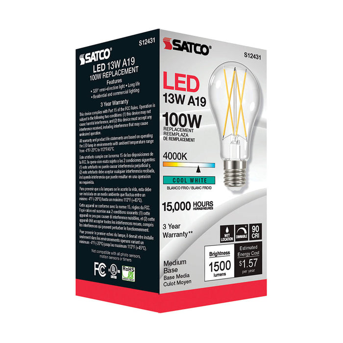 SATCO/NUVO 12.5W LED A19 Clear Medium Base 4000K 90 CRI 120V (S12431)