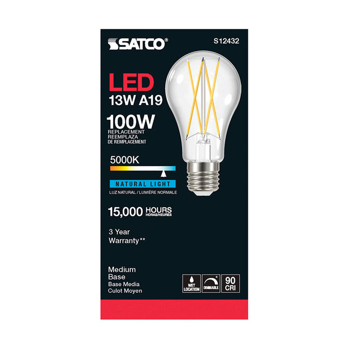 SATCO/NUVO 12.5W LED A19 Clear Medium Base 5000K 90 CRI 120V (S12432)