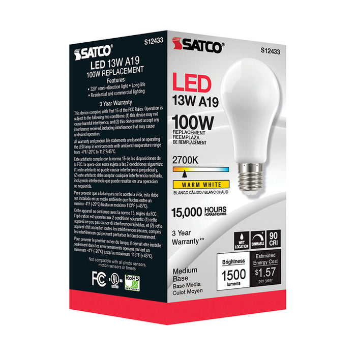 SATCO/NUVO 13.5W LED A19 Soft White Medium Base 2700K 90 CRI 120V (S12433)