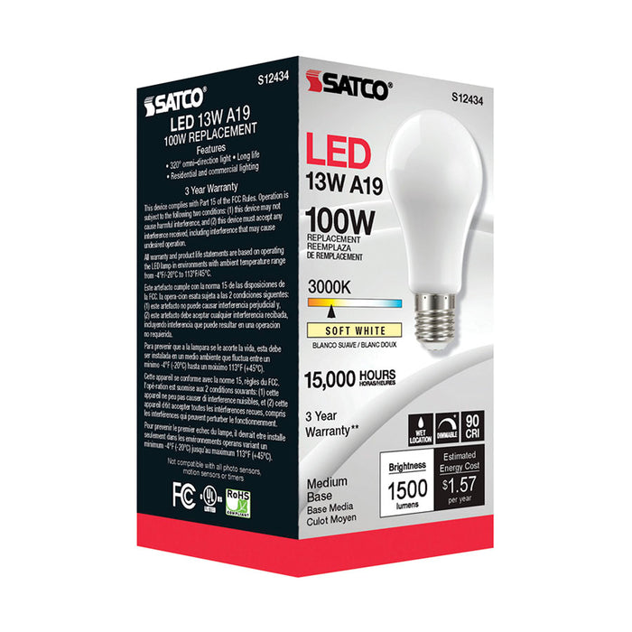 SATCO/NUVO 13.5W LED A19 Soft White Medium Base 3000K 90 CRI 120V (S12434)