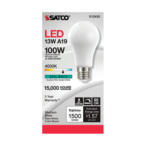 SATCO/NUVO 13.5W LED A19 Soft White Medium Base 4000K 90 CRI 120V (S12435)