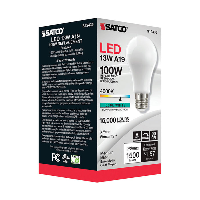 SATCO/NUVO 13.5W LED A19 Soft White Medium Base 4000K 90 CRI 120V (S12435)