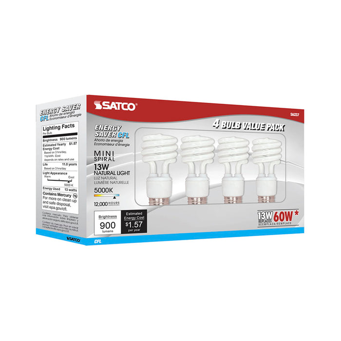 SATCO/NUVO 13T2/50 13W Miniature Spiral Compact Fluorescent 5000K 82 CRI Medium Base 120V 4-Pack (S6237)