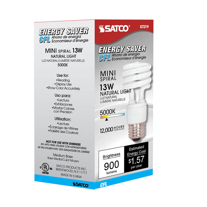 SATCO/NUVO 13T2/50 13W Miniature Spiral Compact Fluorescent 5000K 82 CRI Medium Base 120V (S7219)