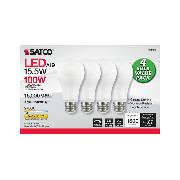 SATCO/NUVO 15.5W A19 LED 2700K Dimmable Medium Base 230 Degree Beam Spread 4-Pack (S11422)