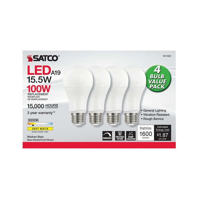 SATCO/NUVO 15.5W A19 LED 3000K Dimmable Medium Base 230 Degree Beam Spread 4-Pack (S11423)