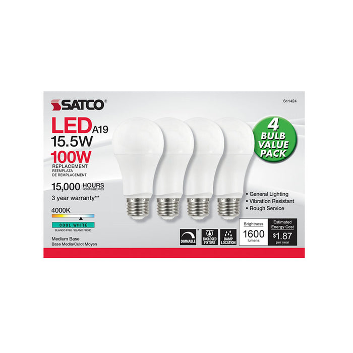 SATCO/NUVO 15.5W A19 LED 4000K Dimmable Medium Base 230 Degree Beam Spread 4-Pack (S11424)