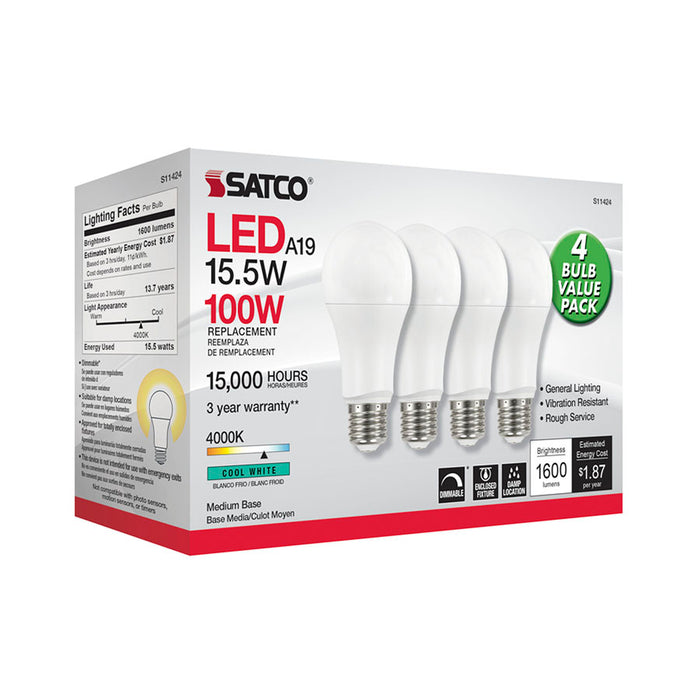 SATCO/NUVO 15.5W A19 LED 4000K Dimmable Medium Base 230 Degree Beam Spread 4-Pack (S11424)