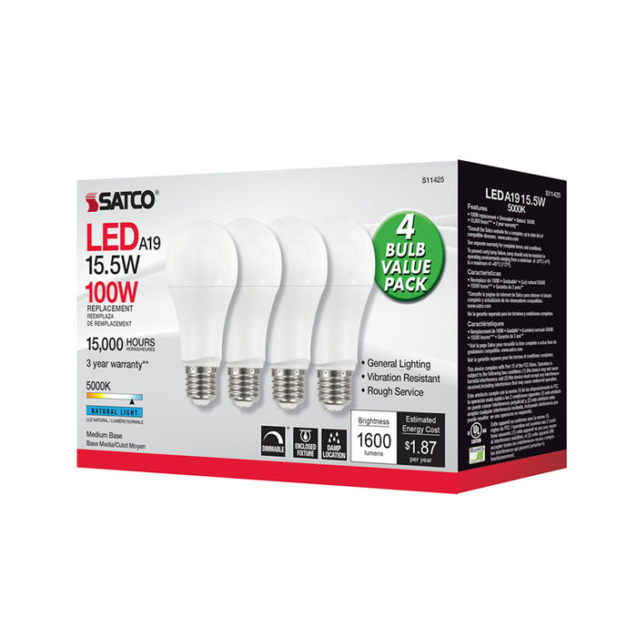 SATCO/NUVO 15.5W A19 LED 5000K Dimmable Medium Base 230 Degree Beam Spread 4-Pack (S11425)