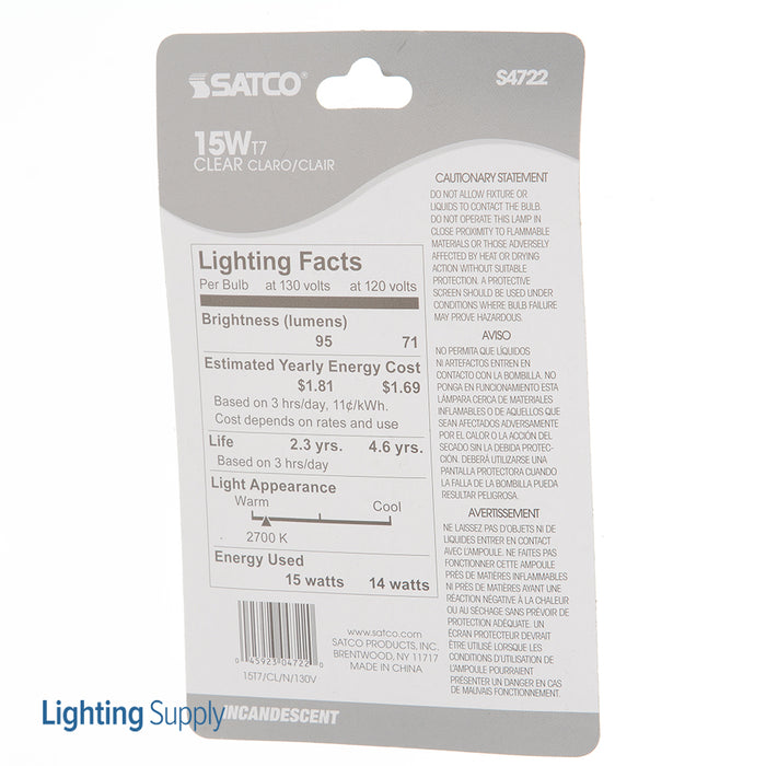 SATCO/NUVO 15T7/N 15W T7 Incandescent Clear 2500 Hours 95Lm Intermediate Base 130V 2700K (S4722)
