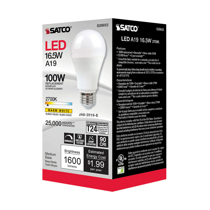SATCO/NUVO 16.5W A19 LED 90 CRI 2700K Medium Base 220 Degree Beam Angle 120V 1600Lm CEC (S28652)