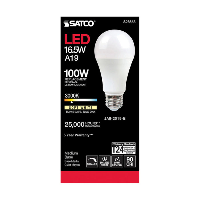 SATCO/NUVO 16.5W A19 LED 90 CRI 3000K Medium Base 220 Degree Beam Angle 120V 1600Lm Dimmable (S28653)