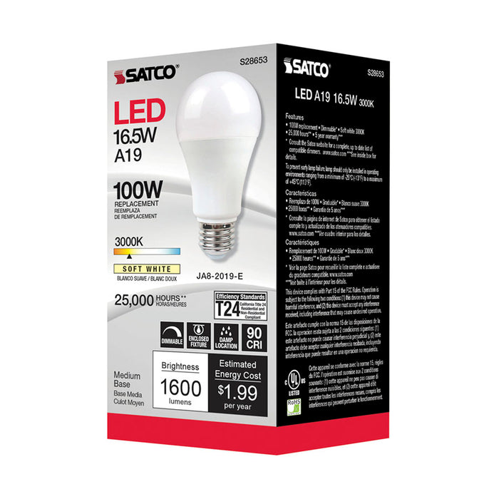 SATCO/NUVO 16.5W A19 LED 90 CRI 3000K Medium Base 220 Degree Beam Angle 120V 1600Lm Dimmable (S28653)
