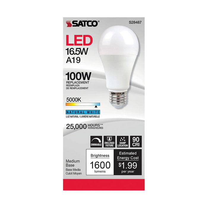 SATCO/NUVO 16.5W A19 LED 90 CRI 5000K Medium Base 220 Degree Beam Angle 120V 1600Lm CEC (S28487)